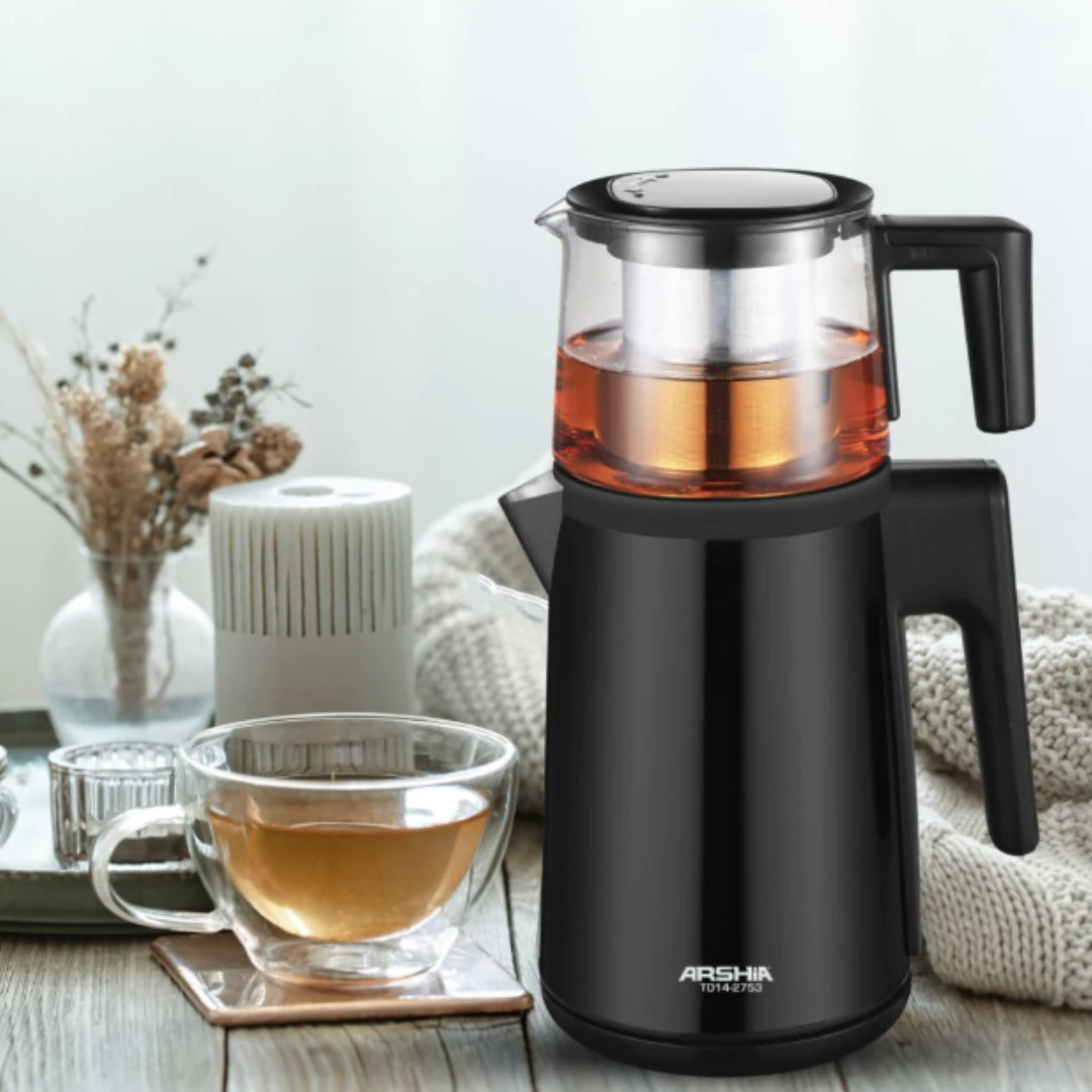 Arshia Stainless Steel Tea Maker with glass teapot - Black